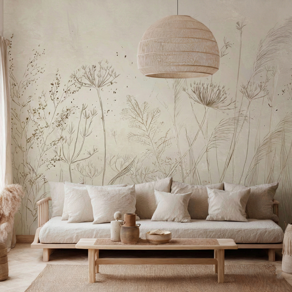 Tapeta Minimalistyczna Trawy Szkic - Line Art Beżowy Koper