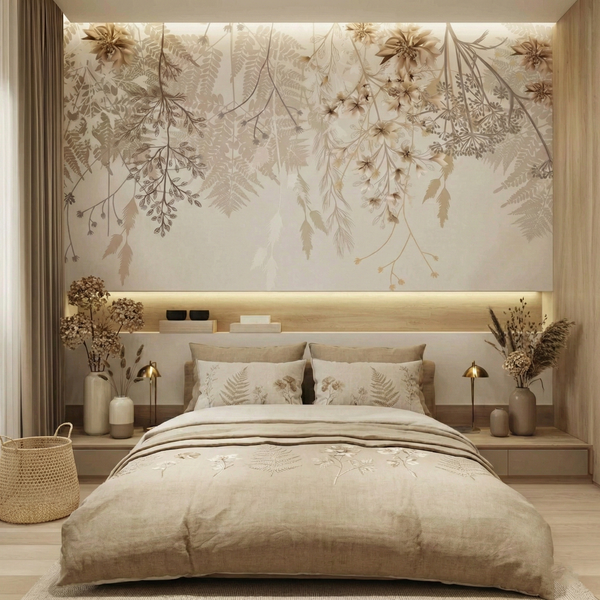 Tapeta Boho Kwiaty Wiszące Vintage - Beżowa Roślinność Sepia