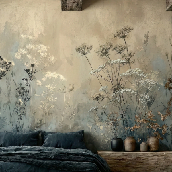 Tapeta "Mglista Łąka" – Fototapeta Polne Kwiaty Vintage Boho Sypialnia